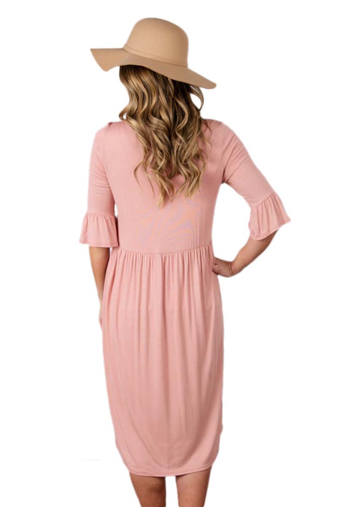 BY61652-10 Pink Ruffle Sleeve Midi Jersey Dress